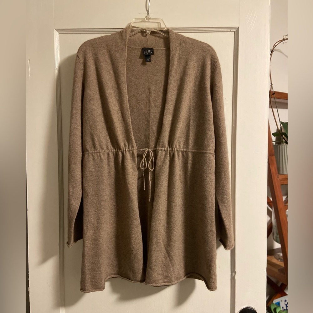 $498 Eileen Fisher M 100% Cashmere Open Front Cardigan Sweater Tan Heather MINT